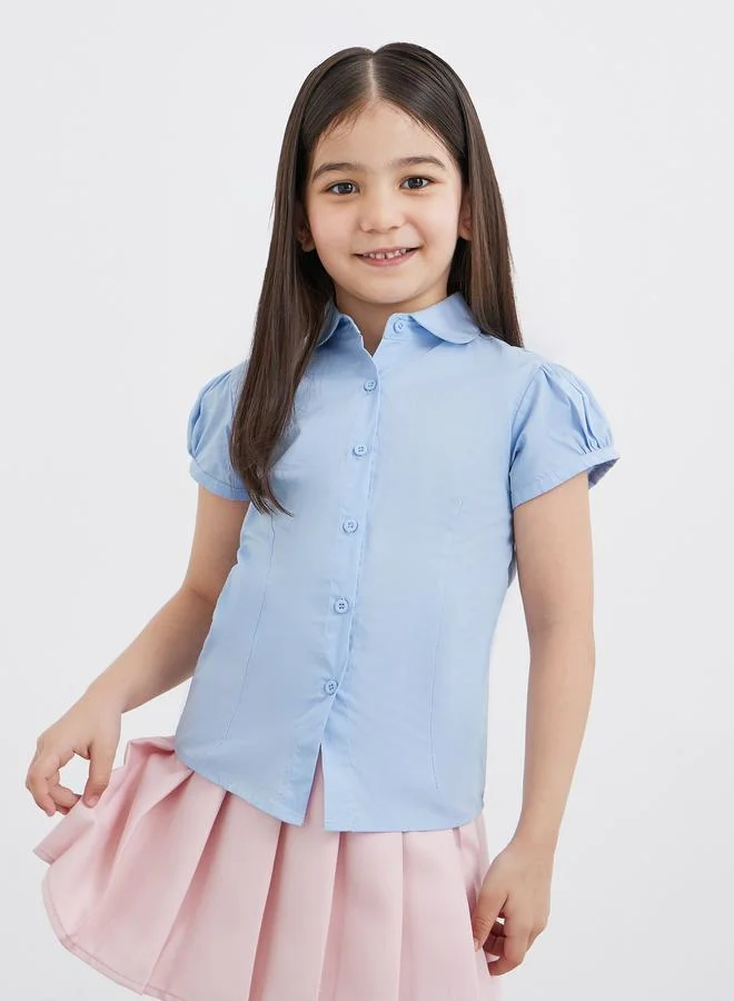 Styli Girls School Uniform Light Blue Cotton Puff Sleeves Shirt
