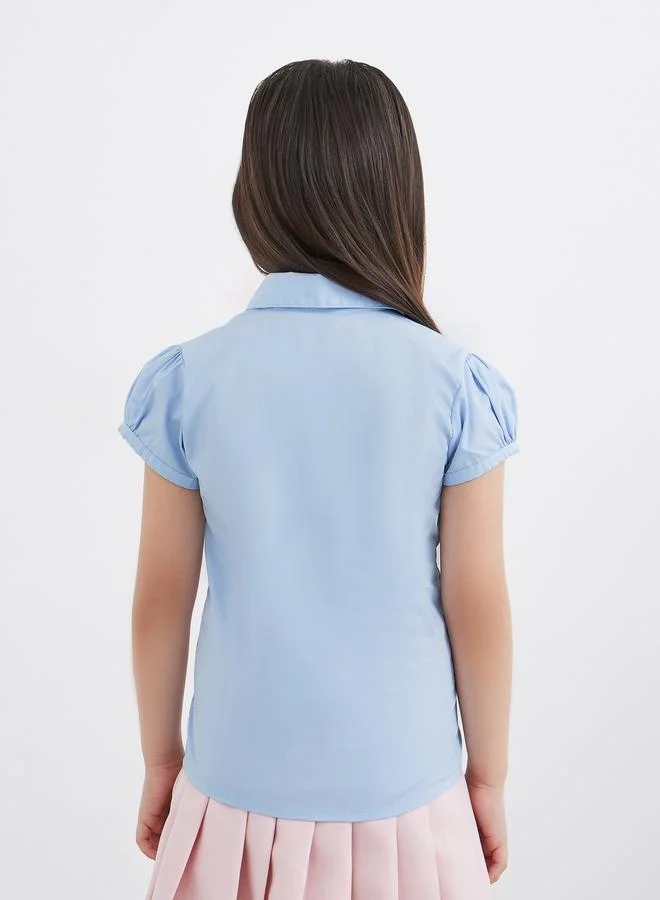 Styli Girls School Uniform Light Blue Cotton Puff Sleeves Shirt