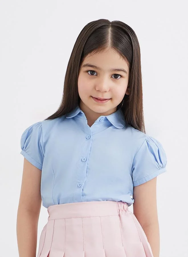 Styli Styli Girls Light Blue Cotton Puff Sleeves Shirt