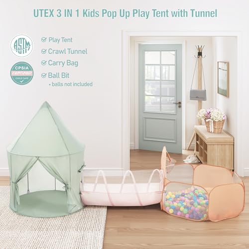 UTEX Kids Play Tent with Tunnel 3 in 1 Pop Up Play Tent with Ball Pit Play Crawl Tunnel for Toddler Boys Girls Indoor Outdoor Play House - Image 5