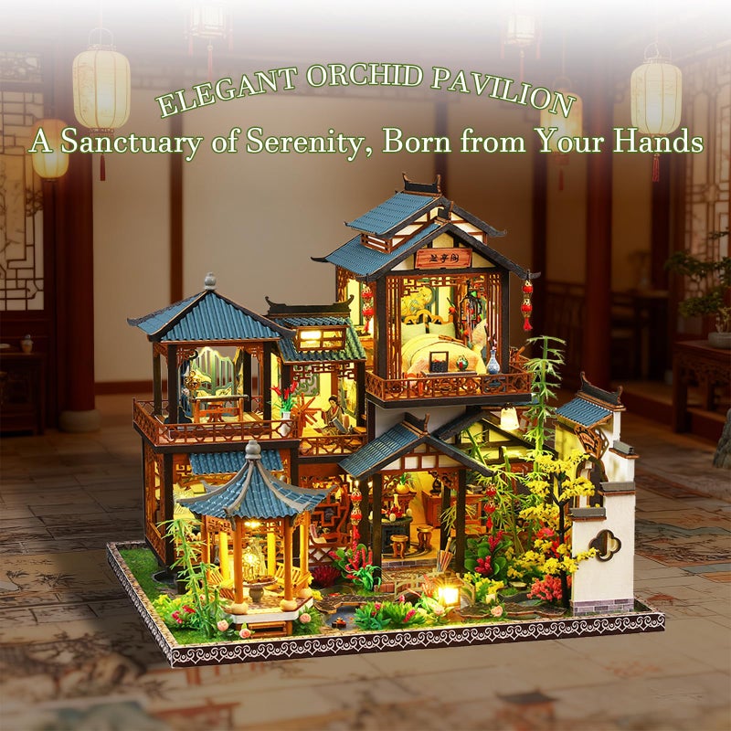 OZJAY Miniature House Kit, Mini House Building Kit with Furniture, Miniature Kit for Adults Teen, Dollhouse Kit for Birthday Christmas, Elegant Orchid Pavilion - Image 2