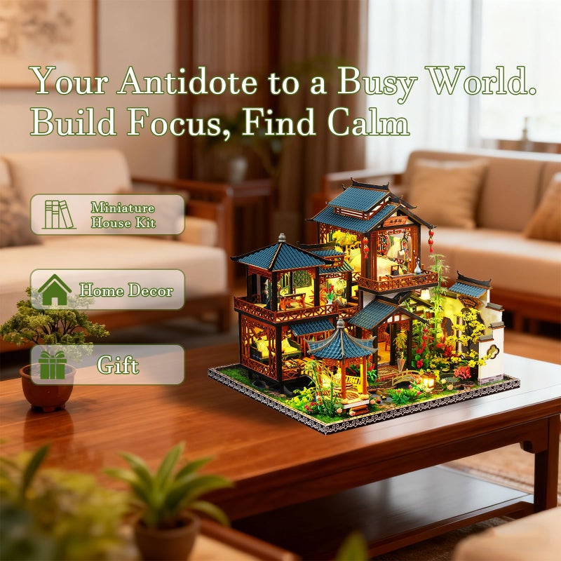 OZJAY Miniature House Kit, Mini House Building Kit with Furniture, Miniature Kit for Adults Teen, Dollhouse Kit for Birthday Christmas, Elegant Orchid Pavilion - Image 4