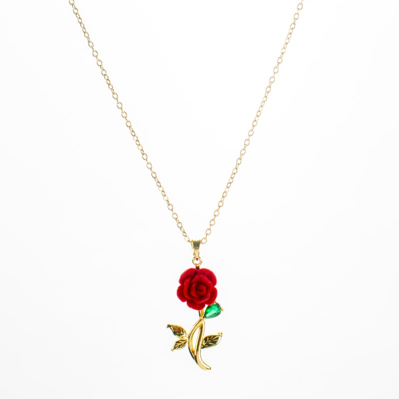 Golden Zirconic Stainless Steel Red Flower Pendant Necklace - Image 1