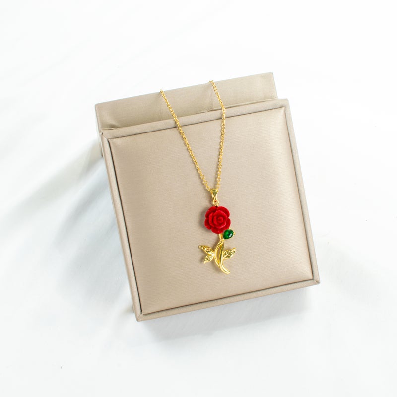 Golden Zirconic Stainless Steel Red Flower Pendant Necklace - Image 2