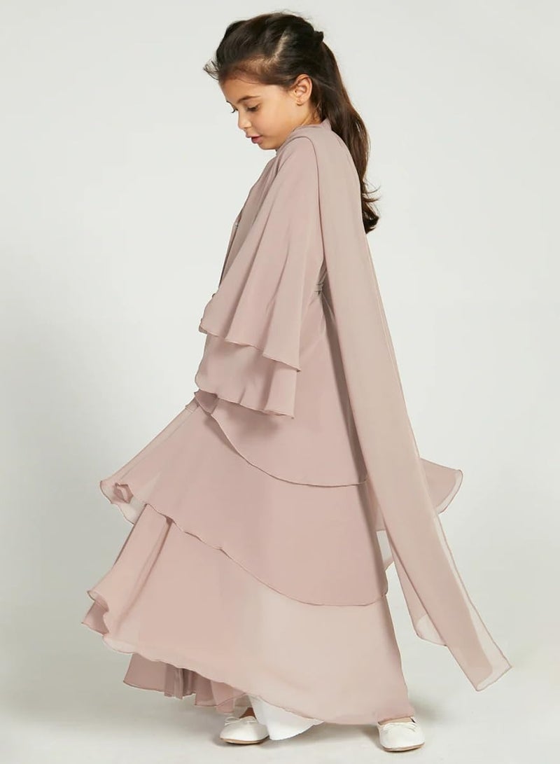 Muslim Abaya Dress for Girls, Long Sleeve Chiffon Islamic Kaftan Robe, Open Front Cardigan Prayer Dress for Ages 11-12, Light Khaki Color. - Image 3