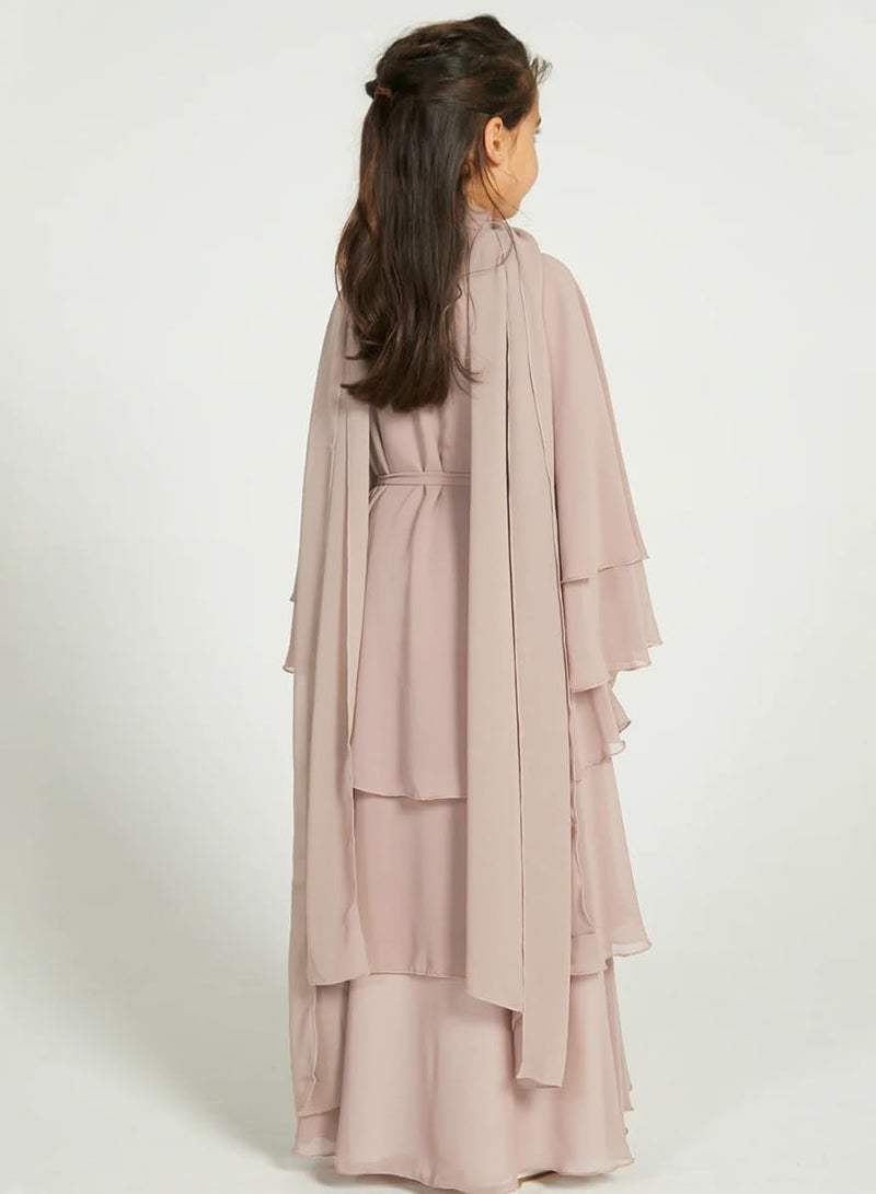 Muslim Abaya Dress for Girls, Long Sleeve Chiffon Islamic Kaftan Robe, Open Front Cardigan Prayer Dress for Ages 11-12, Light Khaki Color. - Image 5