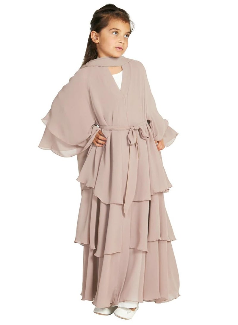 Muslim Abaya Dress for Girls, Long Sleeve Chiffon Islamic Kaftan Robe, Open Front Cardigan Prayer Dress for Ages 11-12, Light Khaki Color. - Image 1