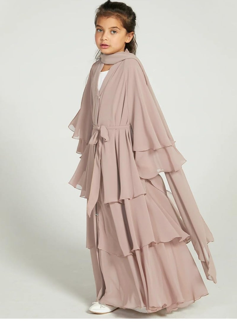 Muslim Abaya Dress for Girls, Long Sleeve Chiffon Islamic Kaftan Robe, Open Front Cardigan Prayer Dress for Ages 11-12, Light Khaki Color. - Image 4