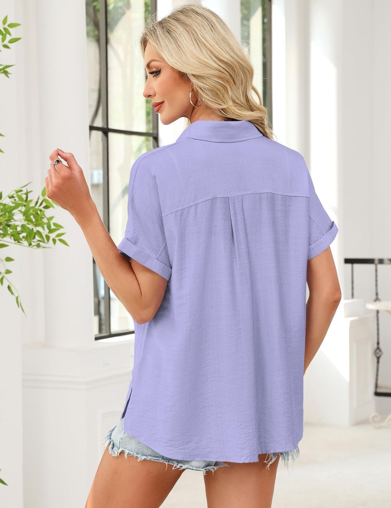 Kistore Women's Short Sleeve Button Down Shirt Business Casual Work Tops Summer Outfits Collared Tops with Pockets Purple XL - Image 5