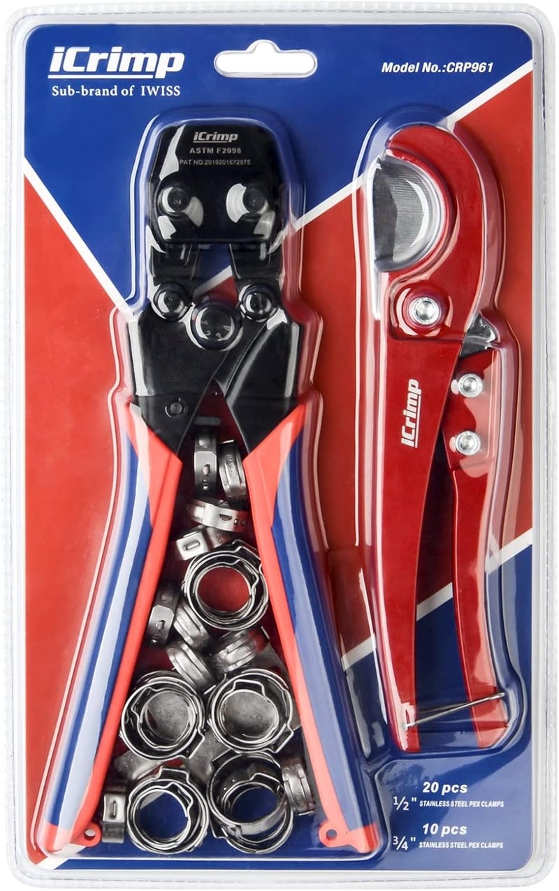iCRIMP Mini PEX Pipe Quick Cinch Tool Set for Stainless Steel Clamp from 3/8-inch to 1-inch with Pex Cutter,20pcs 1/2-inch and 10pcs 3/4-inch Stainless Steel Clamps included - Image 1
