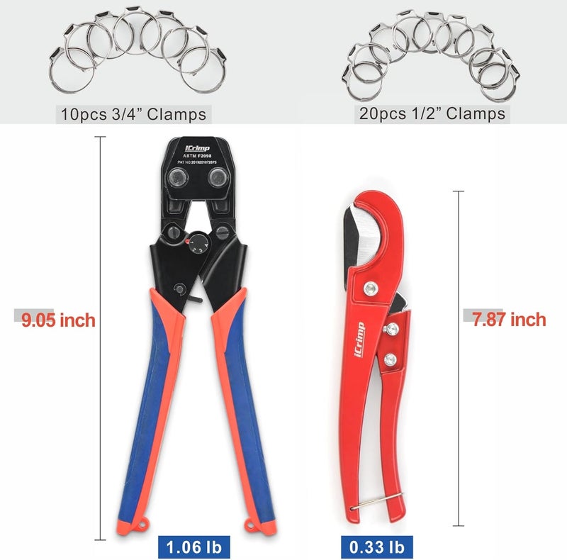iCRIMP Mini PEX Pipe Quick Cinch Tool Set for Stainless Steel Clamp from 3/8-inch to 1-inch with Pex Cutter,20pcs 1/2-inch and 10pcs 3/4-inch Stainless Steel Clamps included - Image 2