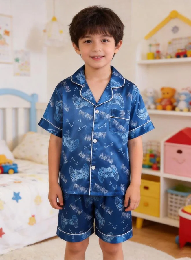 Take Two Kids Blue Gamer Print Satin Pajama Shorts Set