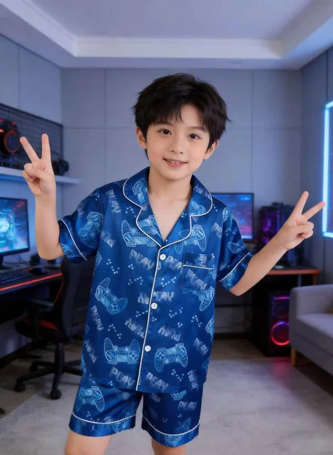 Take Two Kids Blue Gamer Print Satin Pajama Shorts Set