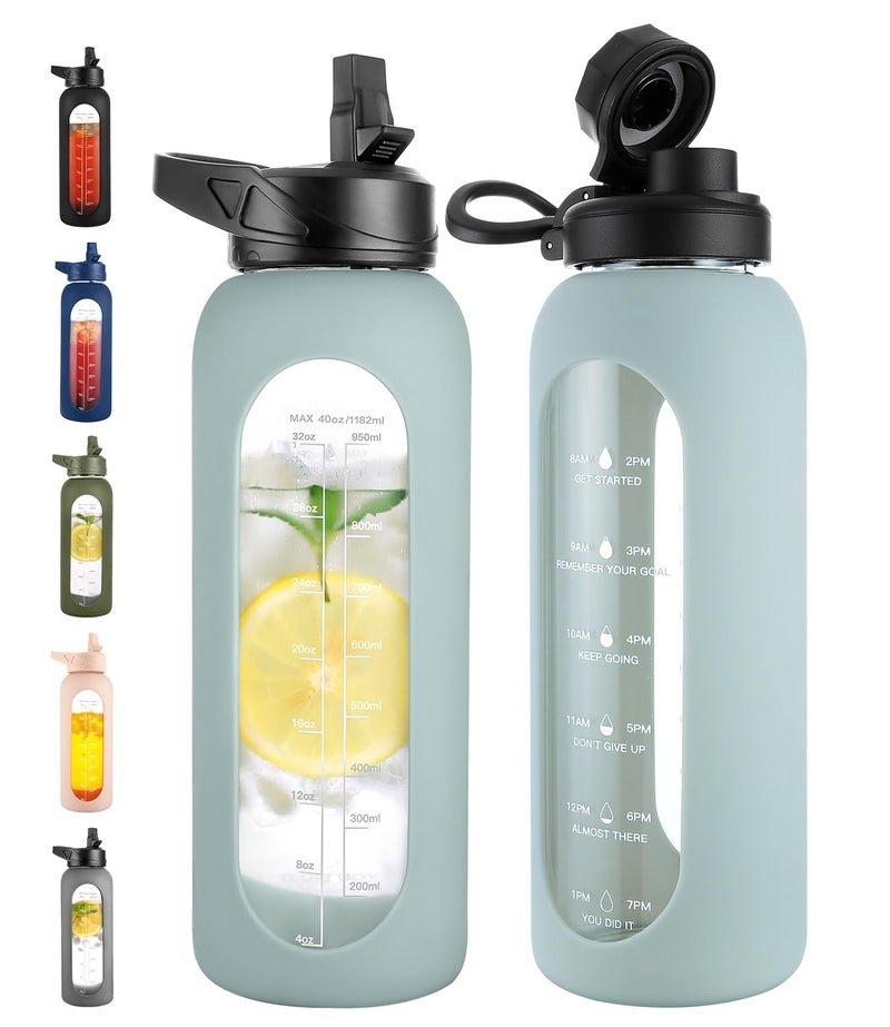 CIVAGO 40 oz Glass Water Bottle with Straw and Handle, Large Sports Motivational Water Bottle Flask with Time Marker and 2 Lids, Leakproof Water Jug Canteen with Silicone Sleeve for Gym,Sage - Image 1
