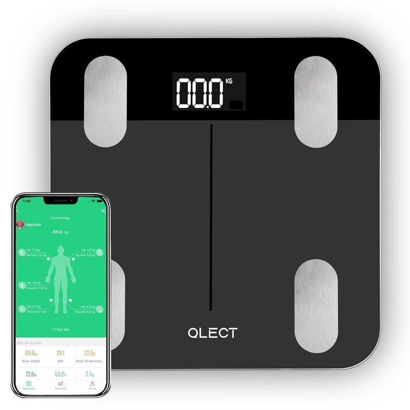 QLECT جهاز قياس الوزن الذكي BMI لجسم الإنسان مع 18 معلمة جسمية متزامنة مع تطبيق الهاتف المحمول، جهاز تحليل الدهون بالجسم مع ضمان لمدة 2 سنة، جهاز وزن بلوتوث - Image 1