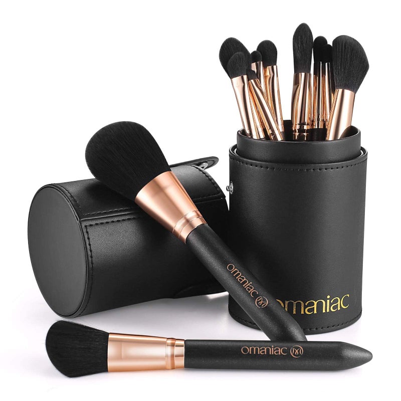 OMANIAC Makeup Brush Set Professional, 12 Pearlescent Wood Handle Makeup Brushes, Premium Cruelty-Free Synthetic Fiber Hair, Travel Make up Brushes Set with Case (Black). - Image 1