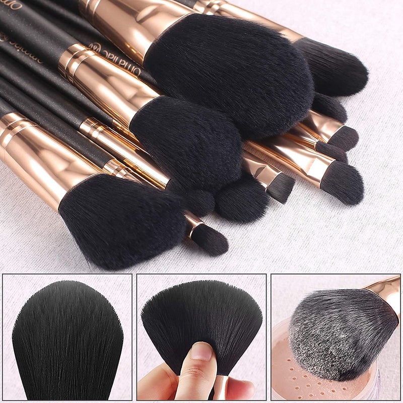OMANIAC Makeup Brush Set Professional, 12 Pearlescent Wood Handle Makeup Brushes, Premium Cruelty-Free Synthetic Fiber Hair, Travel Make up Brushes Set with Case (Black). - Image 2
