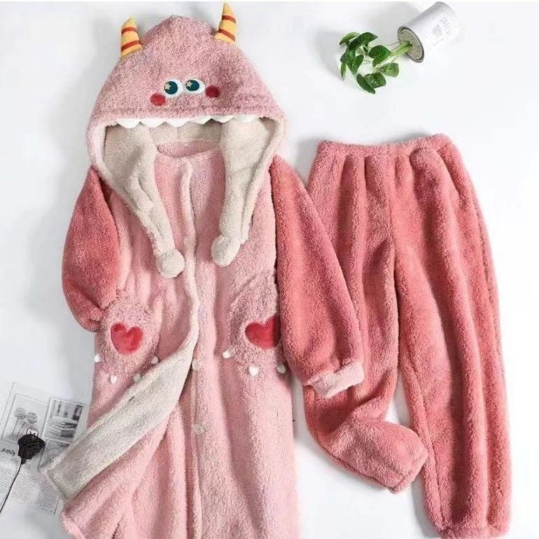 Winter Couple Pajamas Coral Fleece Long Nightgown Suit Men'S And Women'S Nightgown Thickened Warm Hooded Home Clothes - Image 4
