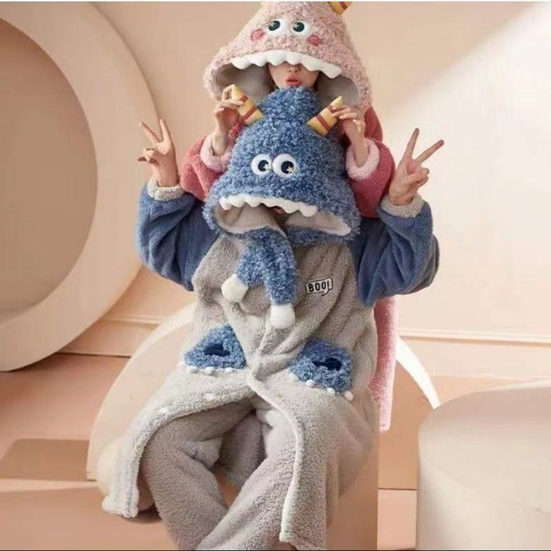 Winter Couple Pajamas Coral Fleece Long Nightgown Suit Men'S And Women'S Nightgown Thickened Warm Hooded Home Clothes - Image 5