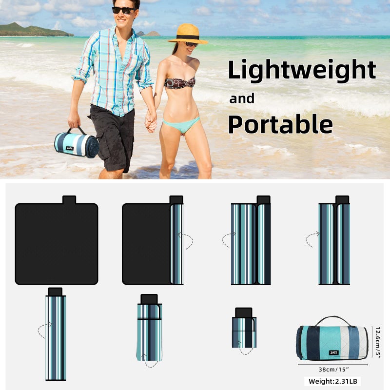 ZAZE Picnic Blankets Beach Blanket, 80''x80'' Extra Large Thick 3-Layers, Sandproof Machine Washable Waterproof Foldable Oversized XL Outdoor Mat, for Camping, Park, Travel, Grass(Blue White Stripe) - Image 5