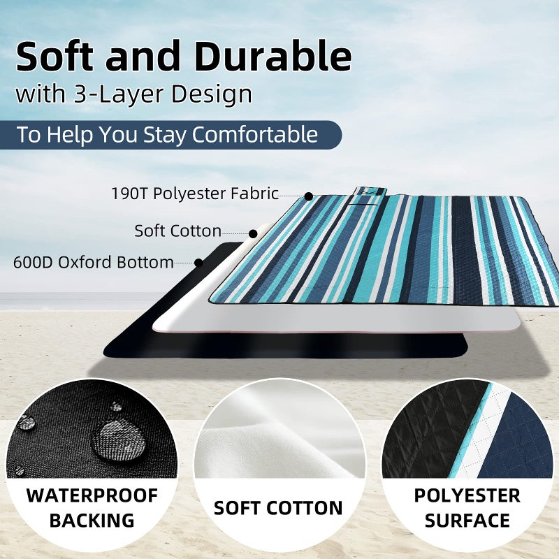 ZAZE Picnic Blankets Beach Blanket, 80''x80'' Extra Large Thick 3-Layers, Sandproof Machine Washable Waterproof Foldable Oversized XL Outdoor Mat, for Camping, Park, Travel, Grass(Blue White Stripe) - Image 3
