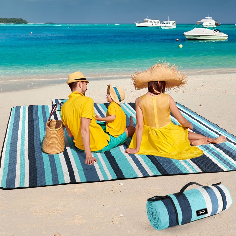 ZAZE Picnic Blankets Beach Blanket, 80''x80'' Extra Large Thick 3-Layers, Sandproof Machine Washable Waterproof Foldable Oversized XL Outdoor Mat, for Camping, Park, Travel, Grass(Blue White Stripe) - Image 1