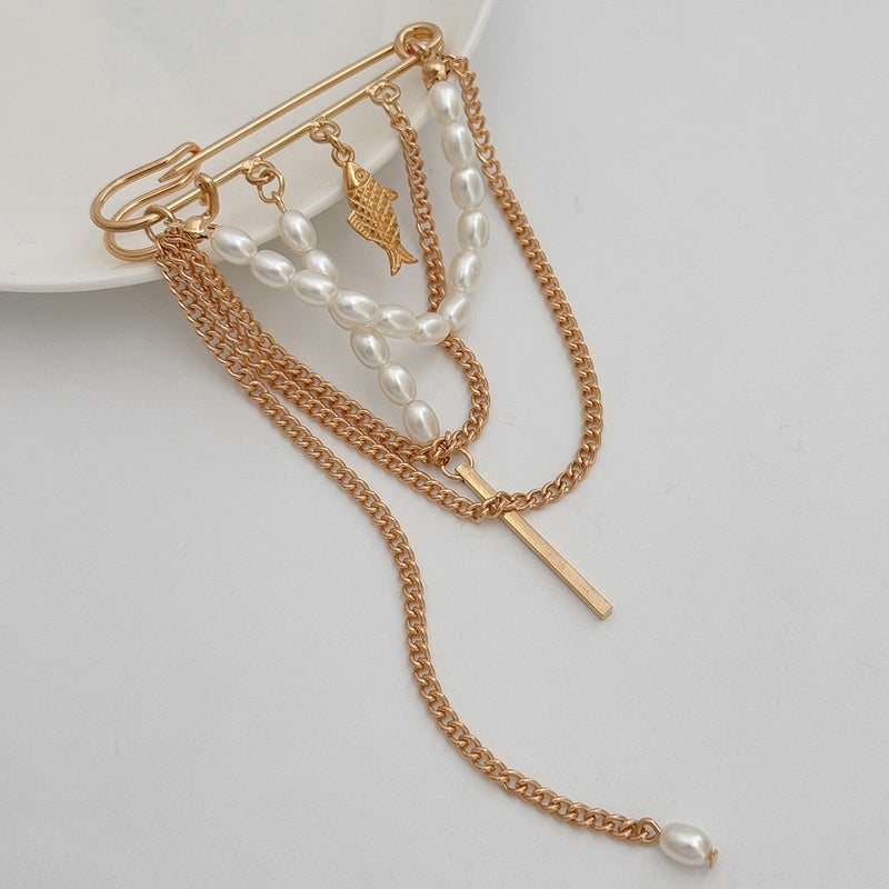 SHIXIN European and American Cross-Border Fashion Accessories: Ins-Style Faux Pearl Tassel Brooch with Creative Fish Chain Multi-Functional Pin - Image 4