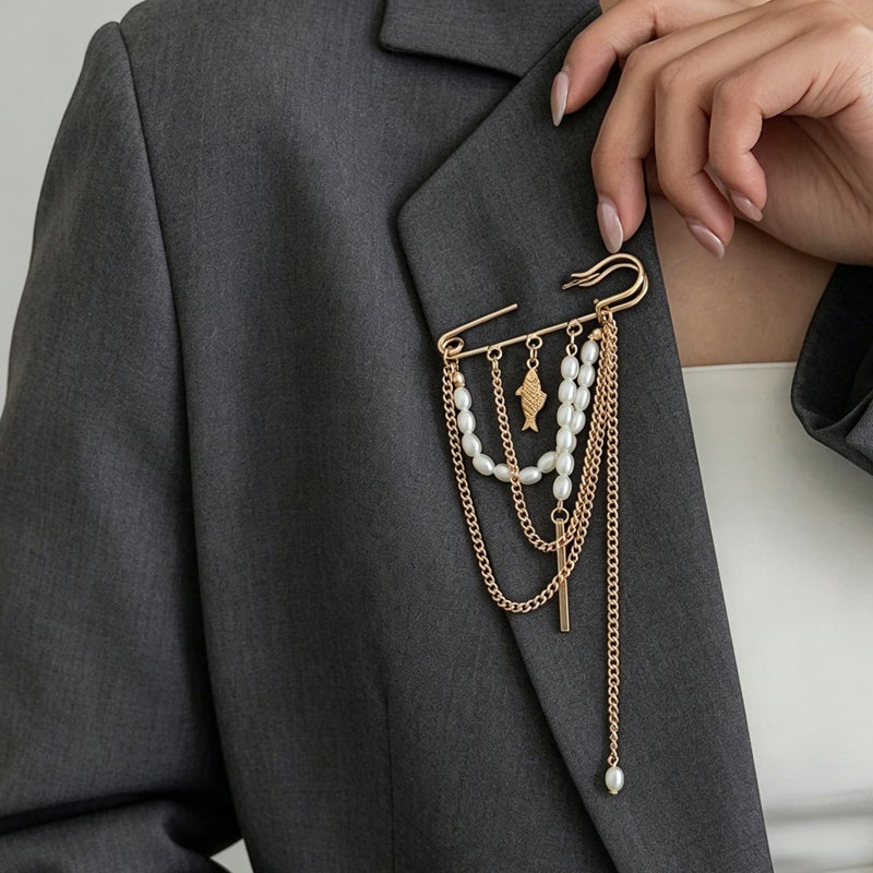 SHIXIN European and American Cross-Border Fashion Accessories: Ins-Style Faux Pearl Tassel Brooch with Creative Fish Chain Multi-Functional Pin - Image 1