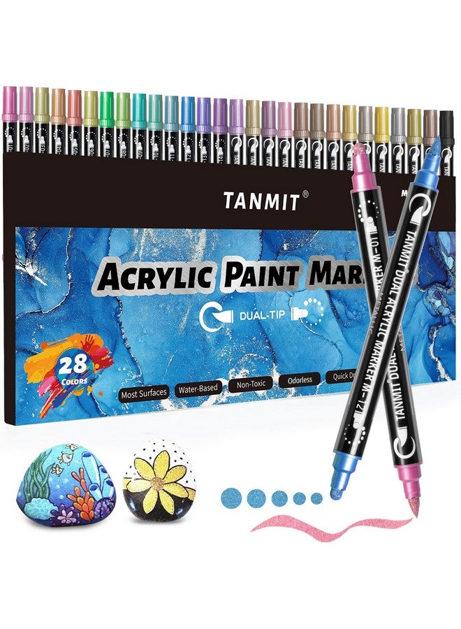 TANMIT 28 Metallic Colors Acrylic Paint Markers, Dual Tip Acrylic Paint Pens For Rock Painting, Black Paper, Wood, Canvas, Stone, Glass, Ceramic, Diy Crafts Making Art Supplies (Brush Tip And Round Tip) - Image 1
