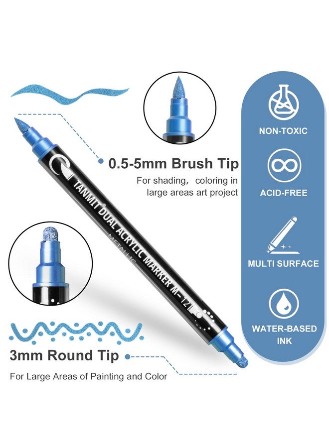 TANMIT 28 Metallic Colors Acrylic Paint Markers, Dual Tip Acrylic Paint Pens For Rock Painting, Black Paper, Wood, Canvas, Stone, Glass, Ceramic, Diy Crafts Making Art Supplies (Brush Tip And Round Tip) - Image 2