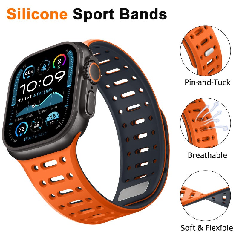 ZZDZZ Compatible with Apple Watch Band 49mm 46mm 45mm 44mm 42mm 41mm 40mm 38mm, Magnetic Silicone Sport Breathable Strap for iWatch Ultra 3/2/1 SE3 Series 11 10 9 8 7-1 (49/46/45/44/42, OR/Midnight) - Image 3
