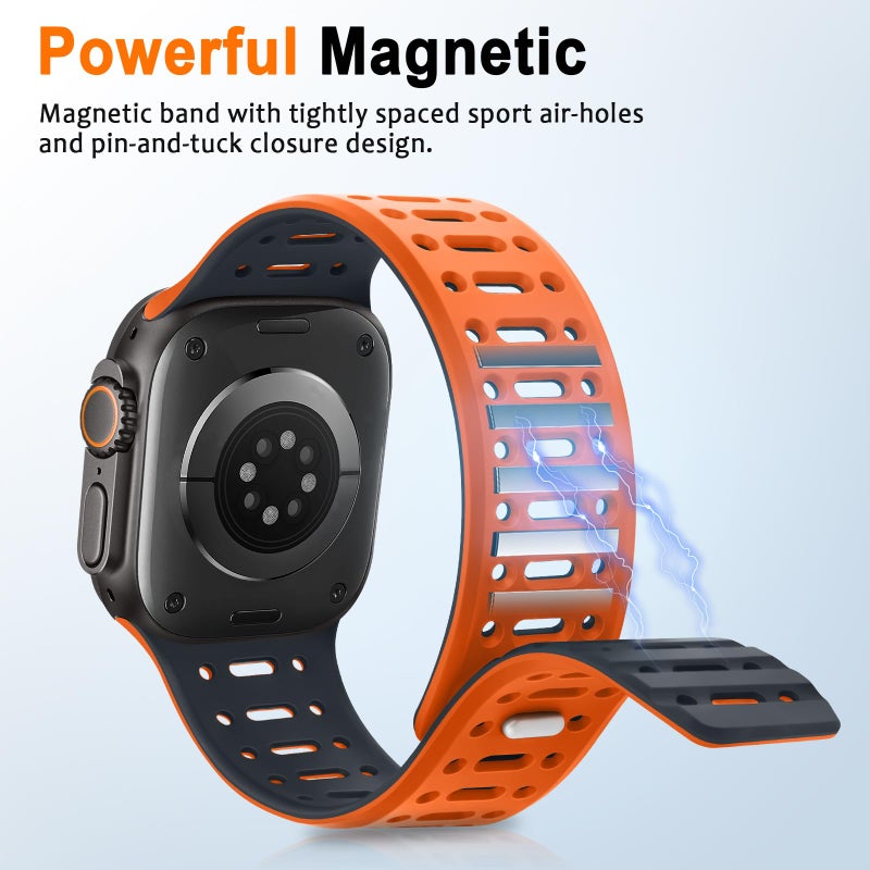 ZZDZZ Compatible with Apple Watch Band 49mm 46mm 45mm 44mm 42mm 41mm 40mm 38mm, Magnetic Silicone Sport Breathable Strap for iWatch Ultra 3/2/1 SE3 Series 11 10 9 8 7-1 (49/46/45/44/42, OR/Midnight) - Image 4