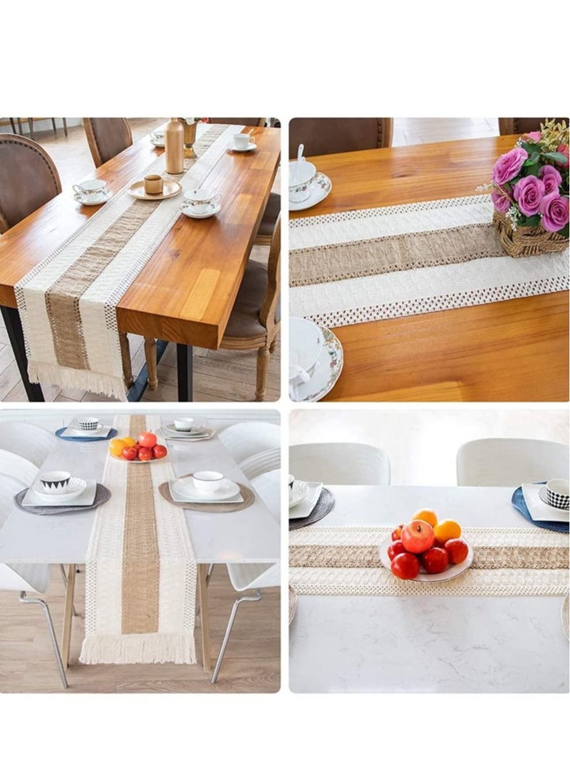 Captaintech Macrame Table Runner Burlap Table Runners Farmhouse Style Boho Table Runners with Tassels, Rustic Splicing Cotton Table Runner for Wedding Home and Dining Table Decor - Image 2