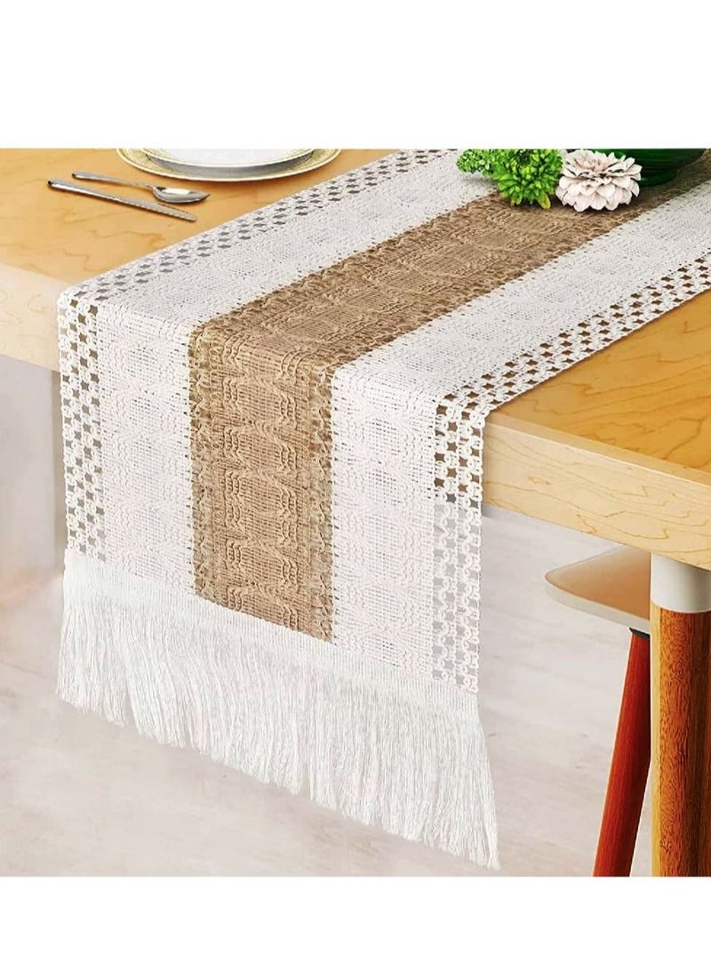 Captaintech Macrame Table Runner Burlap Table Runners Farmhouse Style Boho Table Runners with Tassels, Rustic Splicing Cotton Table Runner for Wedding Home and Dining Table Decor - Image 1