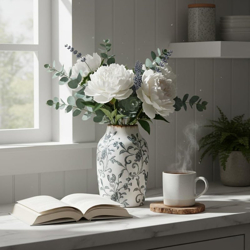 SIDUCAL Ceramic Vintage Vase, 7 Inch Retro Ice Cracked Chinoiserie Floral Vase, Rustic Farmhouse Vases for Home Decor, Bookshelf, Office, Garden, Chinoiserie Decor, Tuscan Decor, Gray Floral Pattern - Image 5