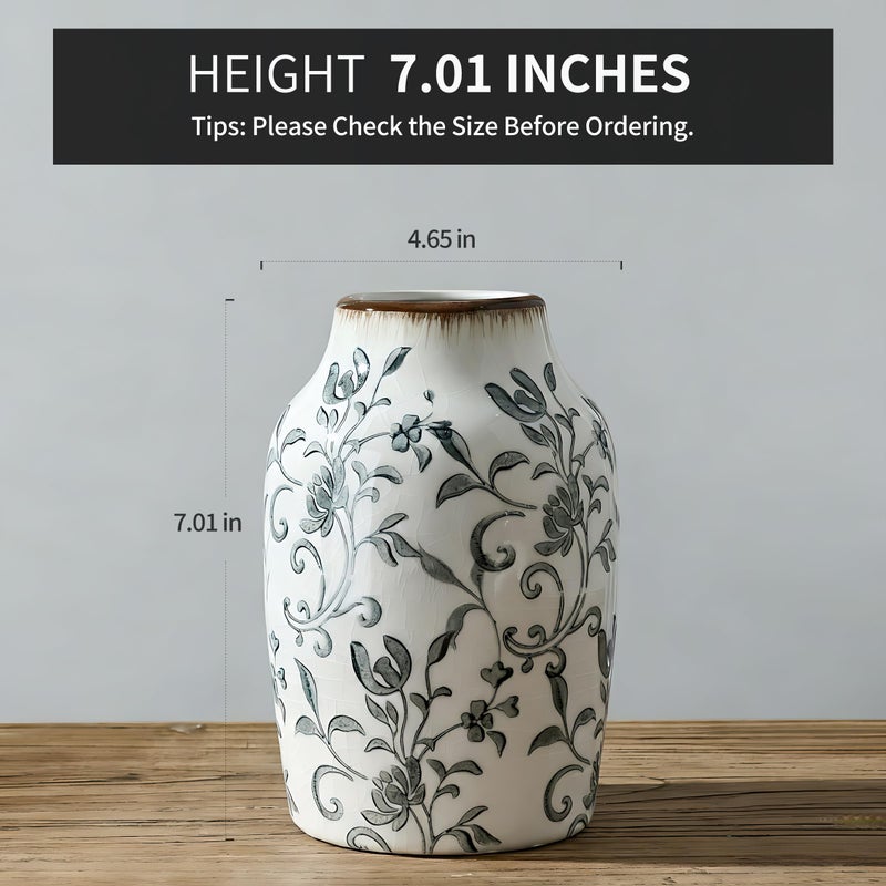 SIDUCAL Ceramic Vintage Vase, 7 Inch Retro Ice Cracked Chinoiserie Floral Vase, Rustic Farmhouse Vases for Home Decor, Bookshelf, Office, Garden, Chinoiserie Decor, Tuscan Decor, Gray Floral Pattern - Image 2