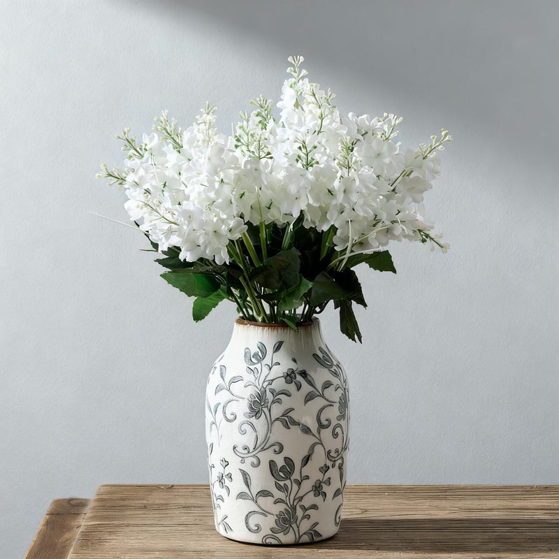 SIDUCAL Ceramic Vintage Vase, 7 Inch Retro Ice Cracked Chinoiserie Floral Vase, Rustic Farmhouse Vases for Home Decor, Bookshelf, Office, Garden, Chinoiserie Decor, Tuscan Decor, Gray Floral Pattern - Image 1