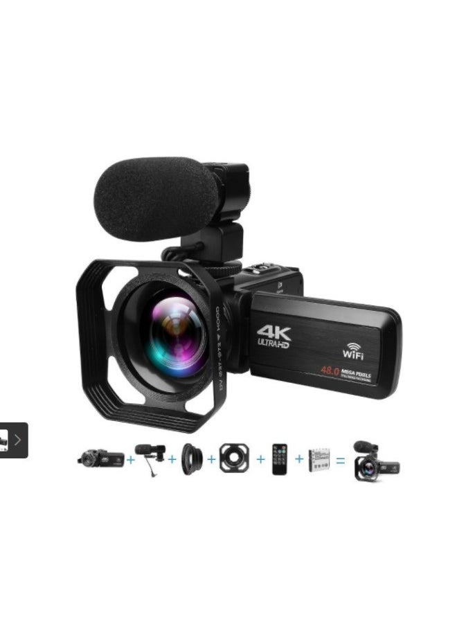 Generic Products 4K Camera Suitable For 48MP HD Digital Camera Video Recorder, With Microphone Touch Screen-Body Color:Black + Wide-angle Lens 1x Wide + Microphone + Wide-angle Mirror  - Image 1