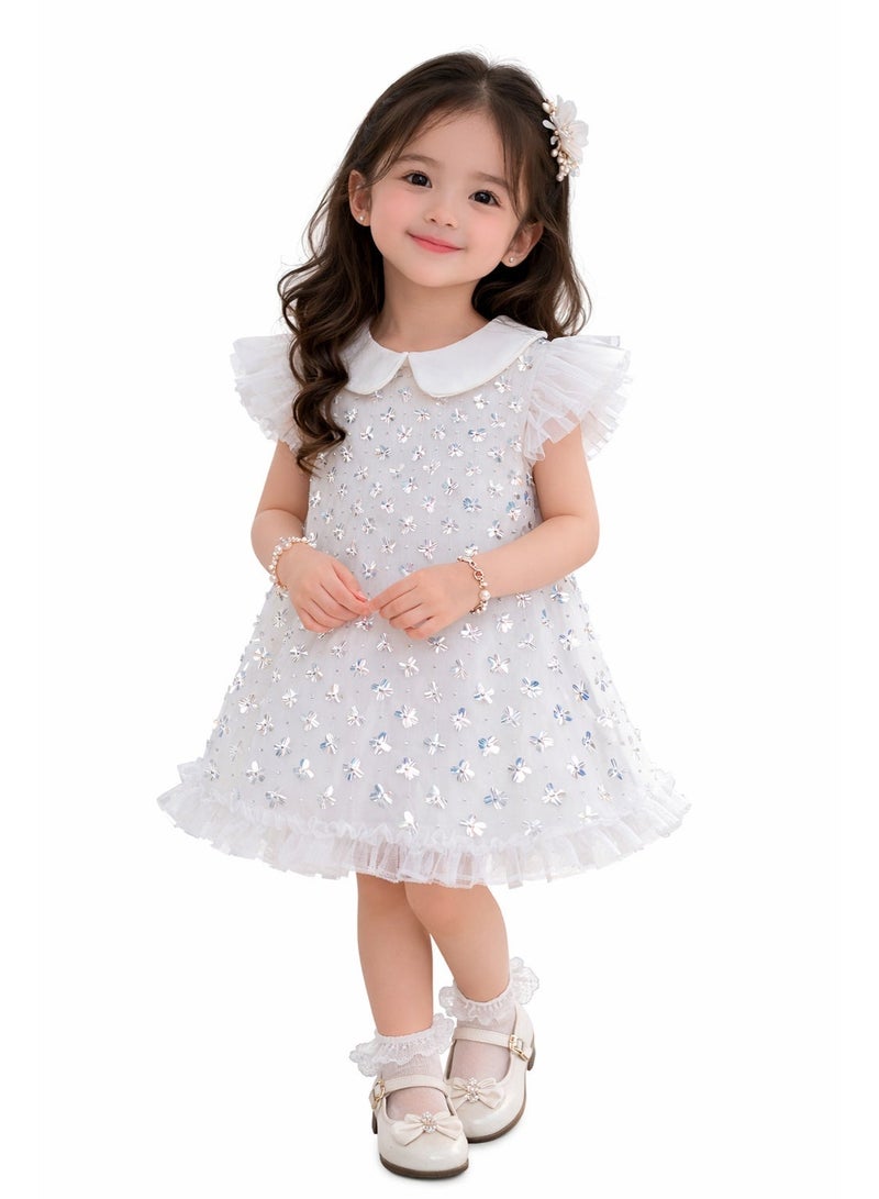 AE سمارتيز فستان أبيض أنيق للحفلات للبنات بياقة بيتر بان - فستان تول مزين بالترتر والزهور، مناسب للأعمار من 2 إلى 6 سنوات | زي مثالي لأعياد الميلاد وحفلات الزفاف والمناسبات الخاصة - Image 2