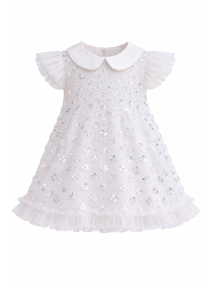 AE سمارتيز فستان أبيض أنيق للحفلات للبنات بياقة بيتر بان - فستان تول مزين بالترتر والزهور، مناسب للأعمار من 2 إلى 6 سنوات | زي مثالي لأعياد الميلاد وحفلات الزفاف والمناسبات الخاصة - Image 4
