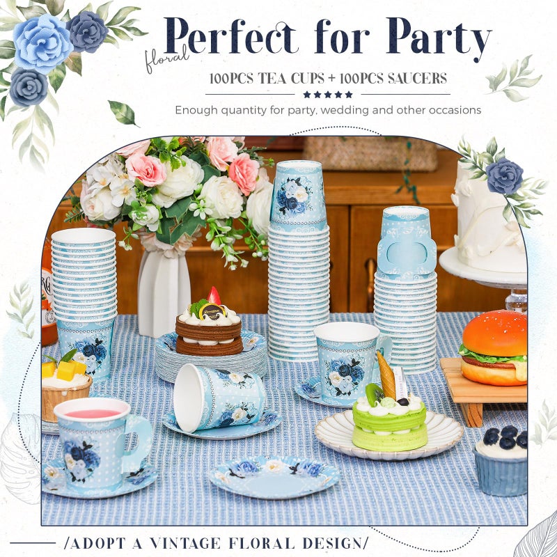 Nuogo 200 Pcs Floral Paper Tea Cups and Saucers 7 oz Disposable Tea Party Decorations Vintage Cute Paper Tea Cups and Plates with Handles for Girls Wedding Baby Bridal Shower Birthday  Serve 100(Blue) - Image 5