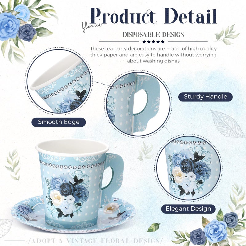 Nuogo 200 Pcs Floral Paper Tea Cups and Saucers 7 oz Disposable Tea Party Decorations Vintage Cute Paper Tea Cups and Plates with Handles for Girls Wedding Baby Bridal Shower Birthday  Serve 100(Blue) - Image 3