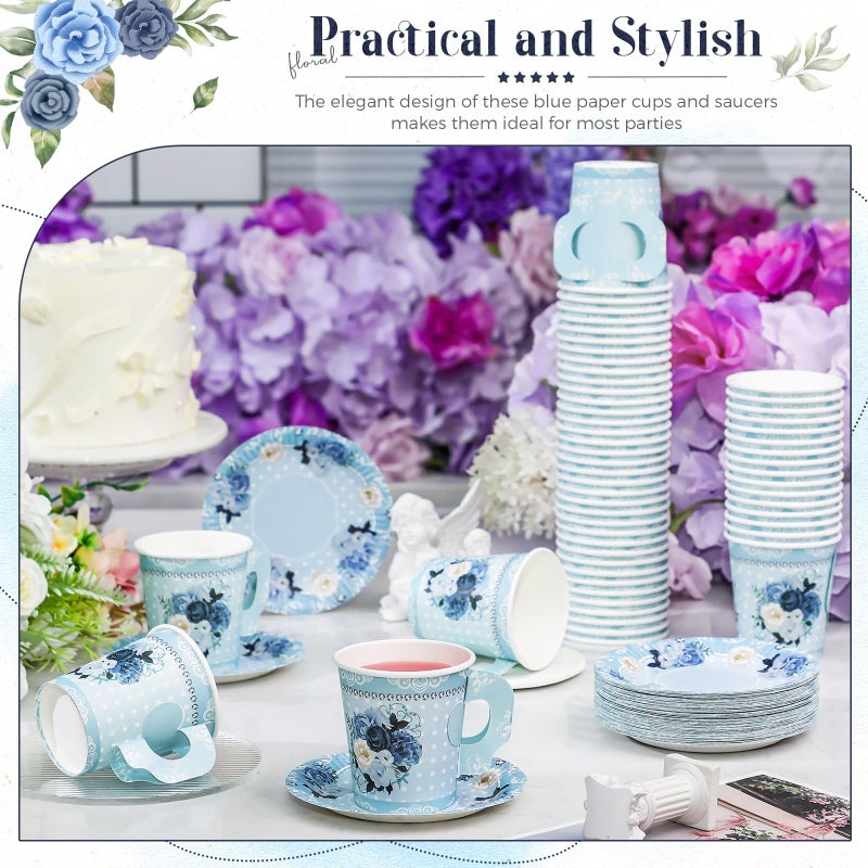 Nuogo 200 Pcs Floral Paper Tea Cups and Saucers 7 oz Disposable Tea Party Decorations Vintage Cute Paper Tea Cups and Plates with Handles for Girls Wedding Baby Bridal Shower Birthday  Serve 100(Blue) - Image 4