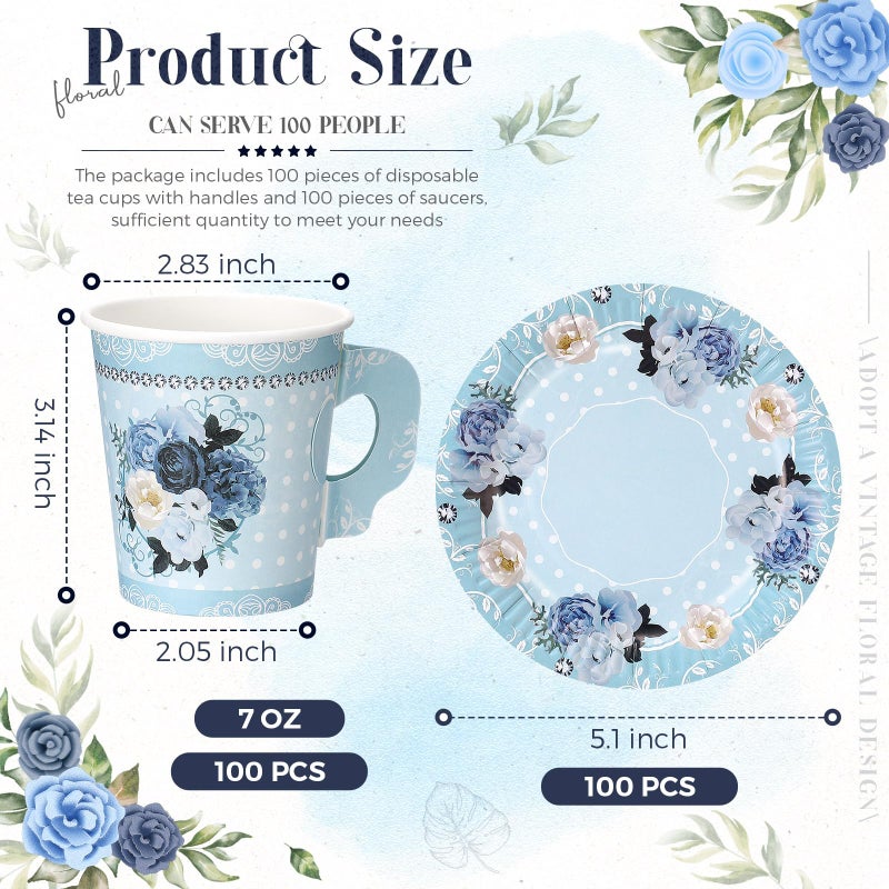 Nuogo 200 Pcs Floral Paper Tea Cups and Saucers 7 oz Disposable Tea Party Decorations Vintage Cute Paper Tea Cups and Plates with Handles for Girls Wedding Baby Bridal Shower Birthday  Serve 100(Blue) - Image 2