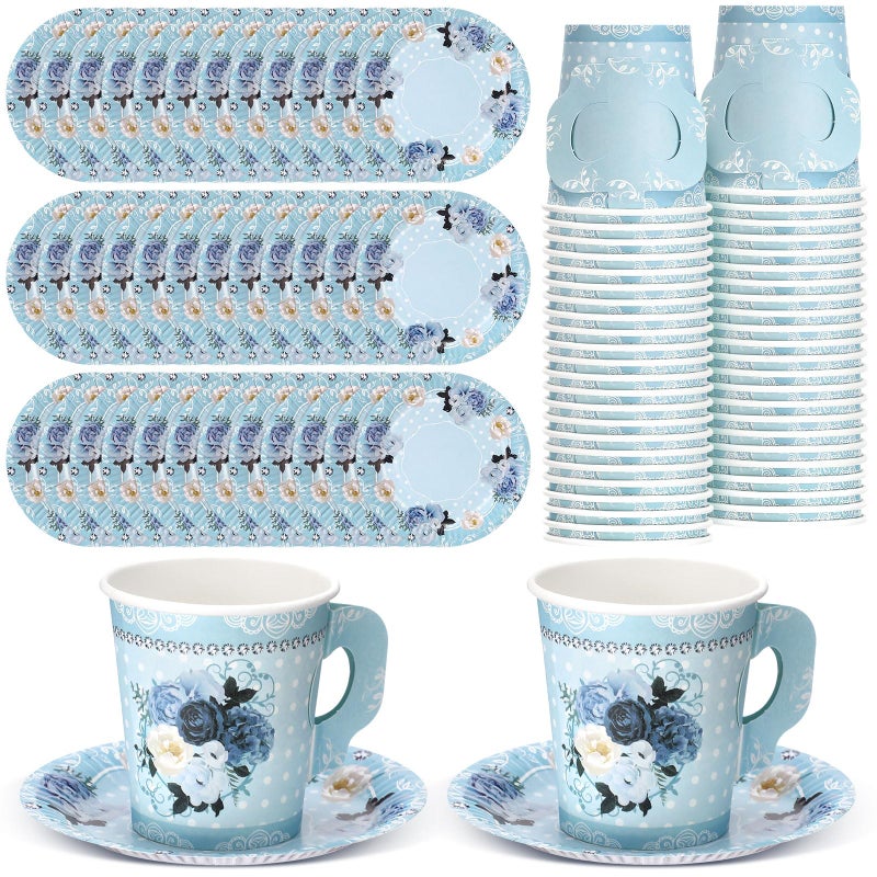 Nuogo 200 Pcs Floral Paper Tea Cups and Saucers 7 oz Disposable Tea Party Decorations Vintage Cute Paper Tea Cups and Plates with Handles for Girls Wedding Baby Bridal Shower Birthday  Serve 100(Blue) - Image 1