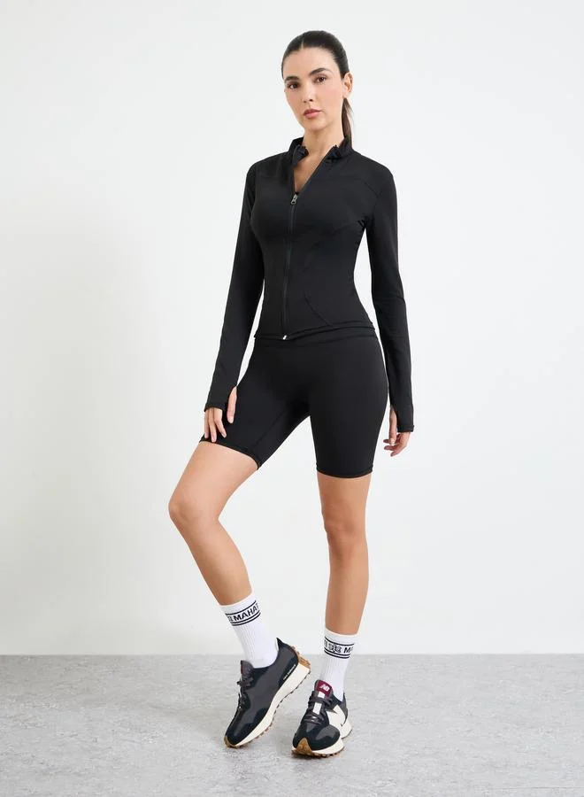 Styli Active Black Basic Thumbhole Detail Zip Up Jacket