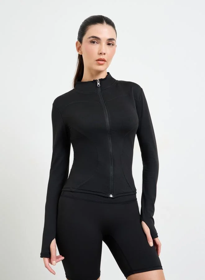 Styli Active Black Basic Thumbhole Detail Zip Up Jacket