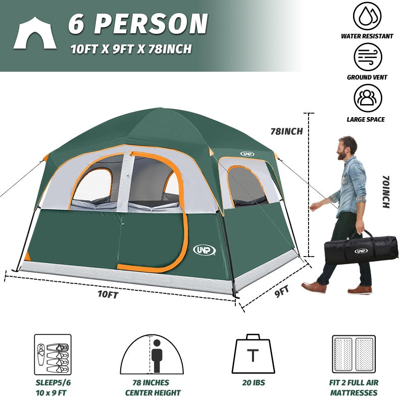 UNP Tents 6 Person Waterproof Windproof Easy Setup,Double Layer Family Camping Tent with 1 Mesh Door & 5 Large Mesh Windows -10'X9'X78in(H) (Dark Green) - Image 2