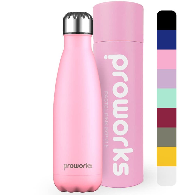 Proworks Performance Stainless Steel Sports Water Bottle  Double Insulated Vacuum Flask for 12 Hours Hot  24 Hours Cold Drinks  for Home Work Gym  Travel  1 Litre  BPA Free  Pastel Pink