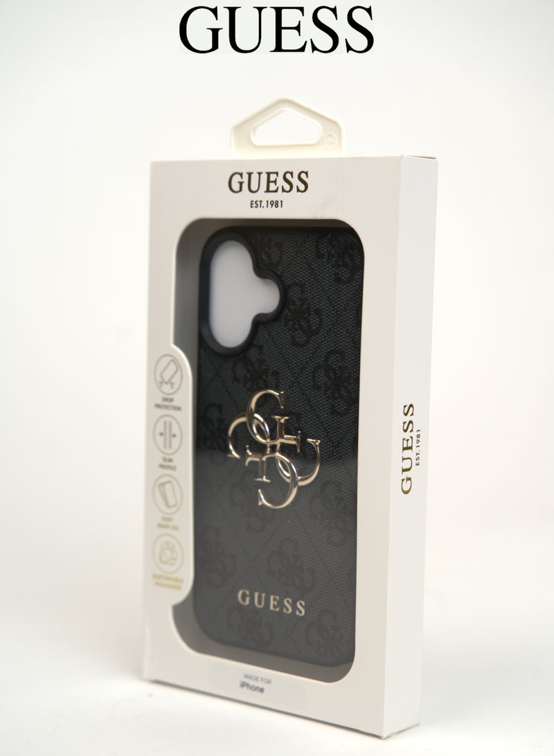 IPhone 16 cover, with a logo and a leather design approved by the global brand Guess. From CG-MOBILE. In Black